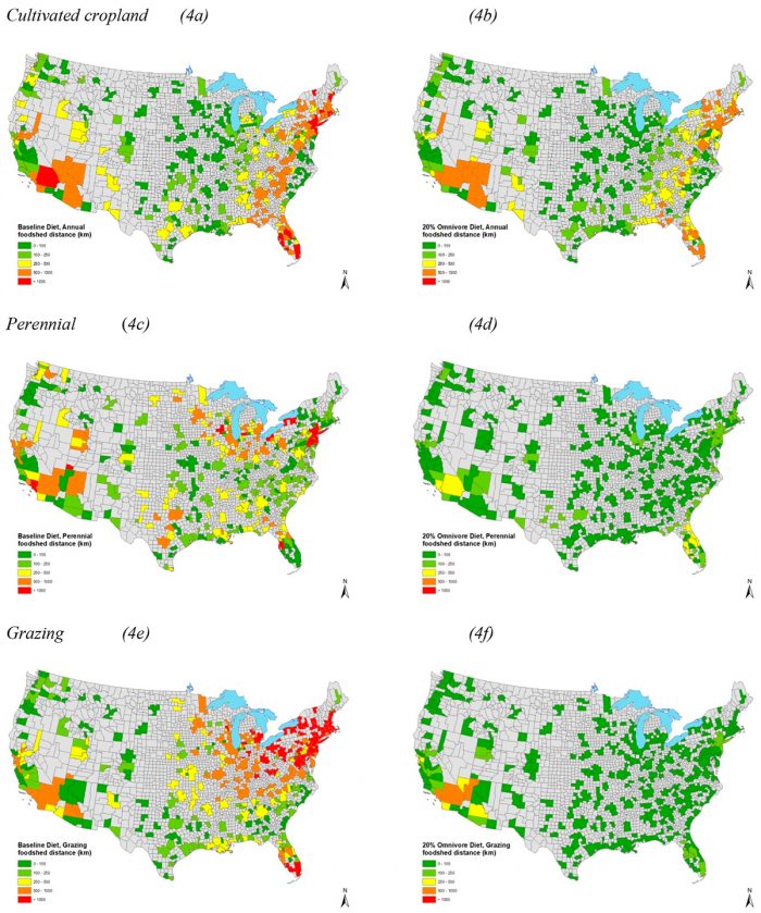 Weighted average source distances (WASD) for potential local foodshed of 378 Metropolitan Statistical Areas in the U.S. Maps show WASD for three different land types (cultivated cropland, perennial forage cropland, and grazing land) according to two diet scenarios, a baseline diet representing current food consumption patterns and a healthy omnivore diet with reduced meat. (Click for a larger version) (Map credit: Gerald J. and Dorothy R. Friedman School of Nutrition Science and Policy at Tufts University)